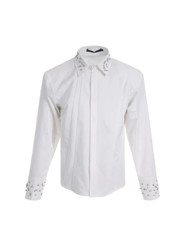 Handcrafted Rhinestone Patchwork Shoulder-Pad Long Sleeve Shirt