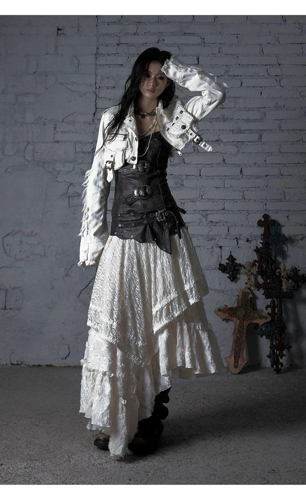 Asymmetric Lace Layered Belt Detail Skirt