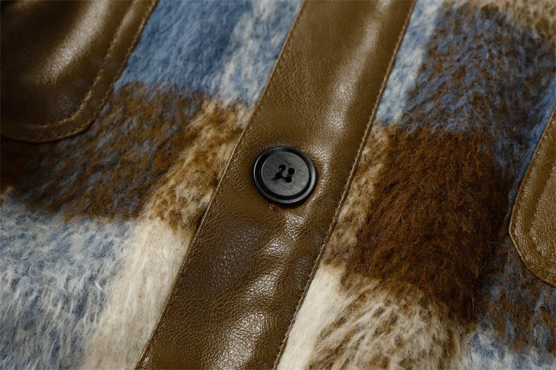 PU Leather Mix Woolen Plaid Jacket