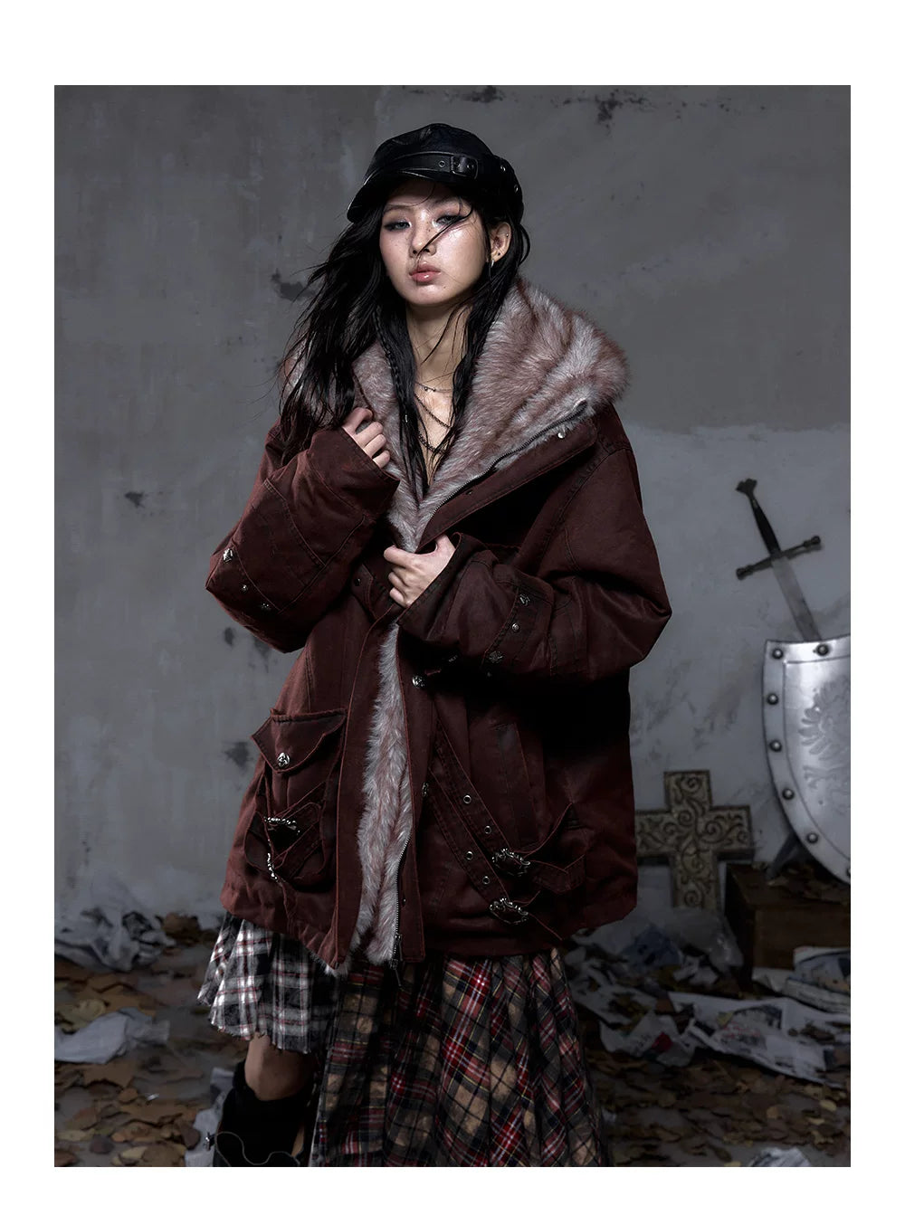 Fake Fur Hooded Multi-Pocket Buckle Detail Jacket