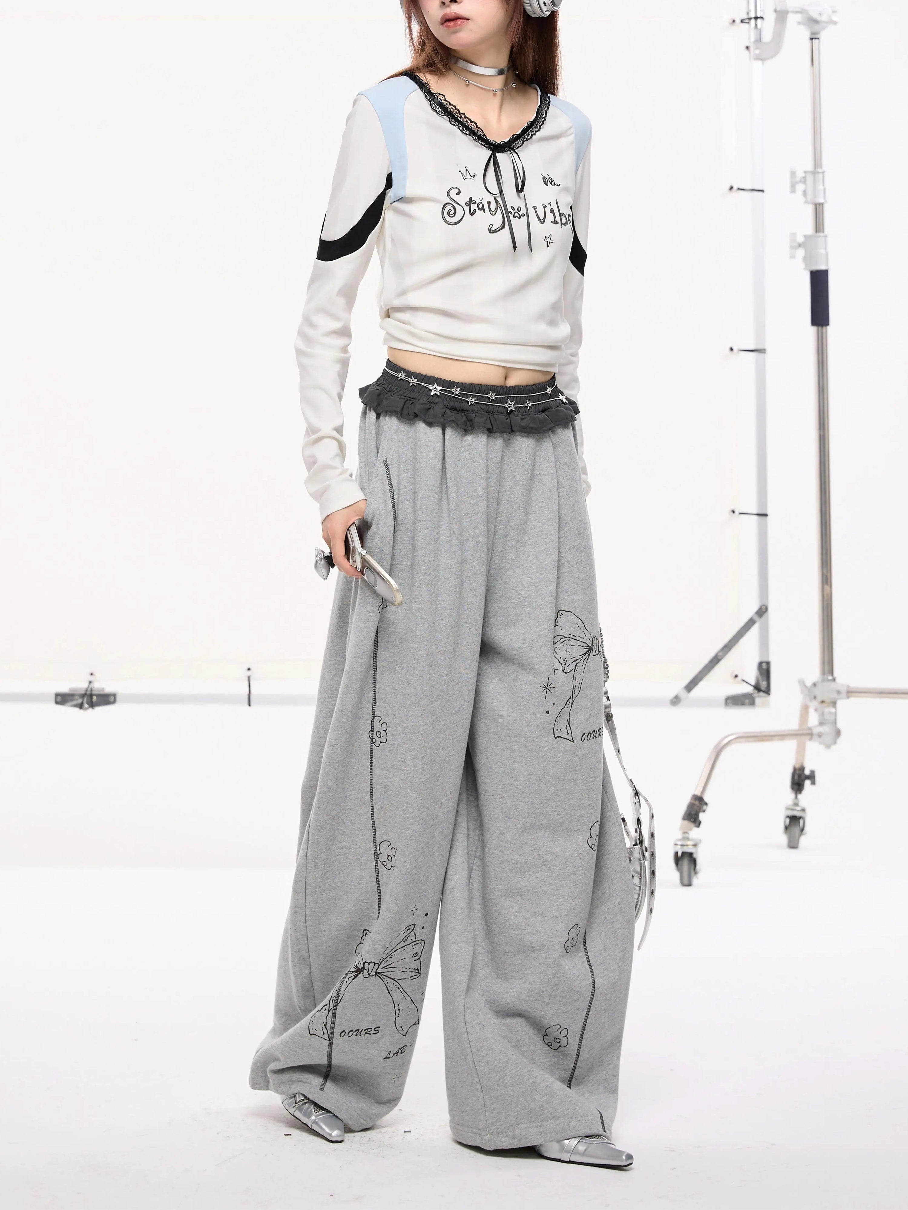 Bow Print Contrast Lace Trim Wide-Leg Sweatpants