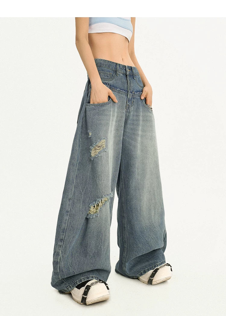 Damage Embroidery Wash Wide Leg Denim Jeans