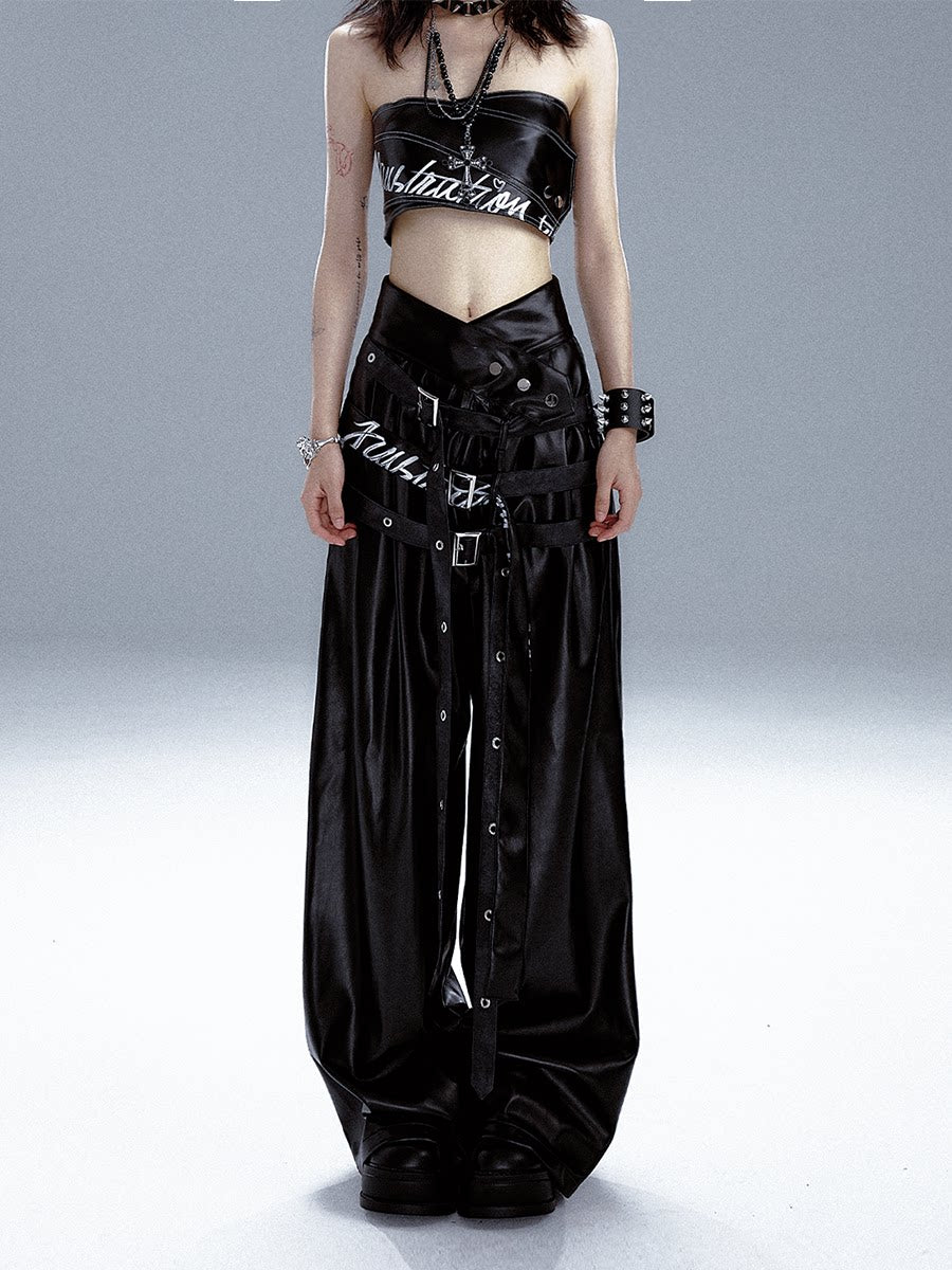 High-Waist V-Cut Graffiti Print Belted Black PU Leather Pants