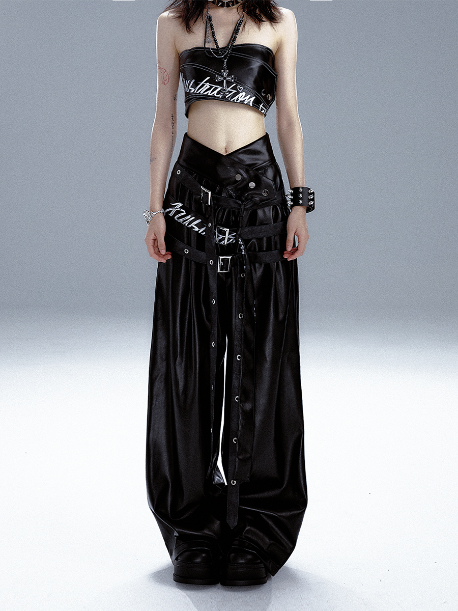 High-Waist V-Cut Graffiti Print Belted Black PU Leather Pants