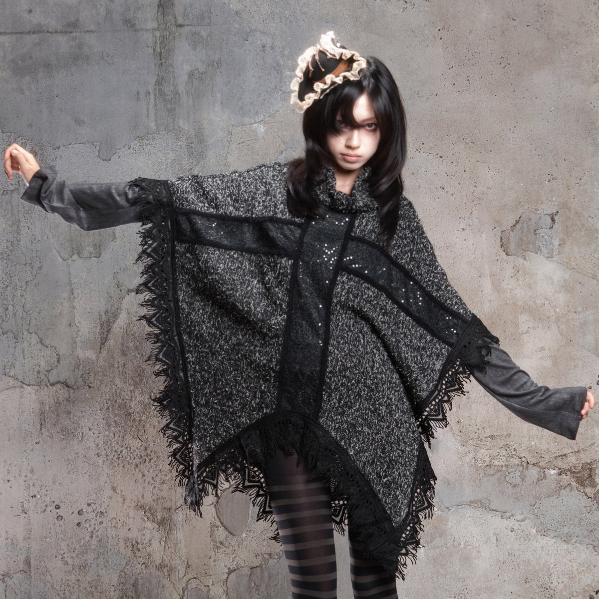 Punk Cross Cape Asymmetric Fringe Knit Sweater
