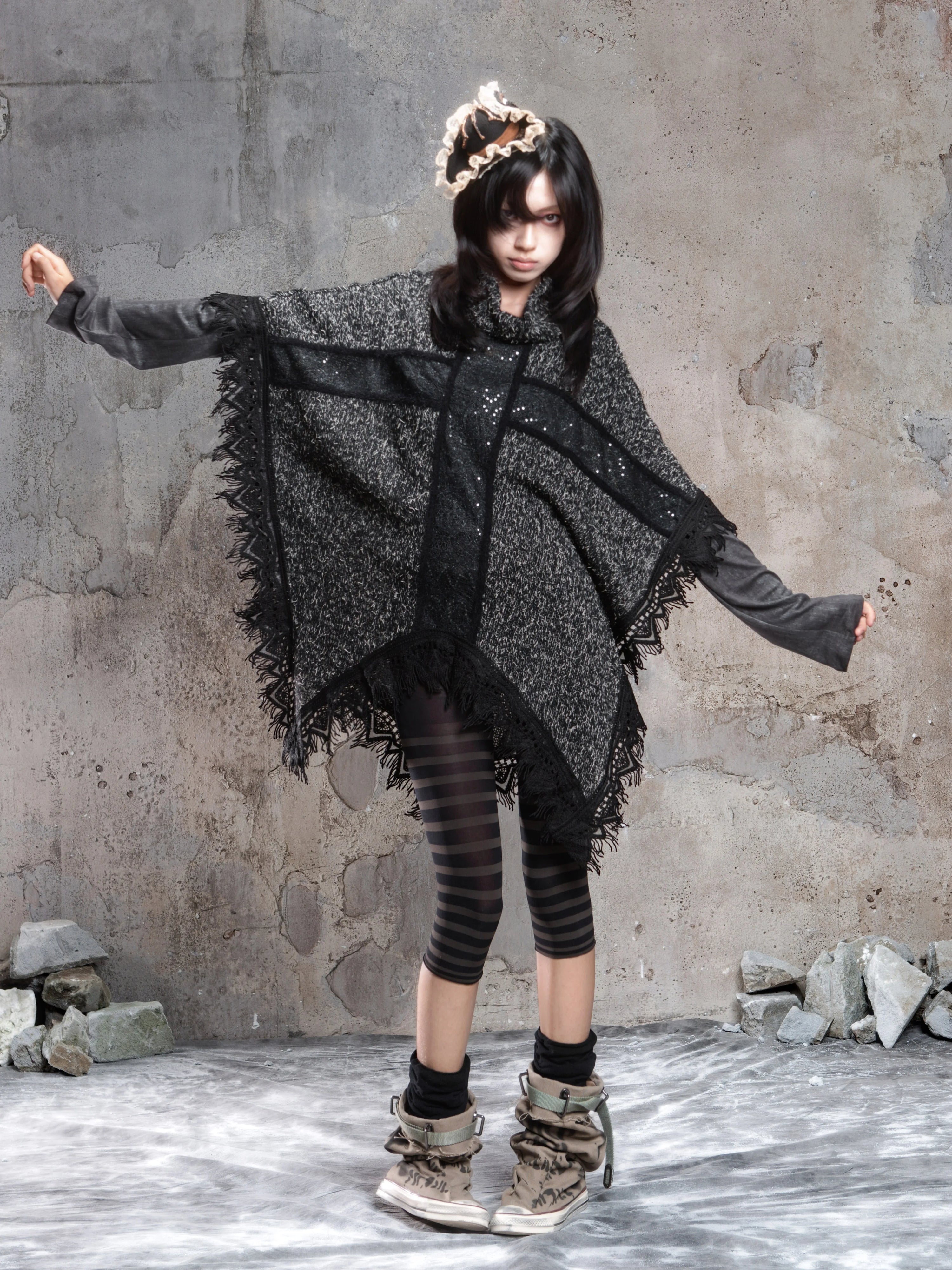 Punk Cross Cape Asymmetric Fringe Knit Sweater