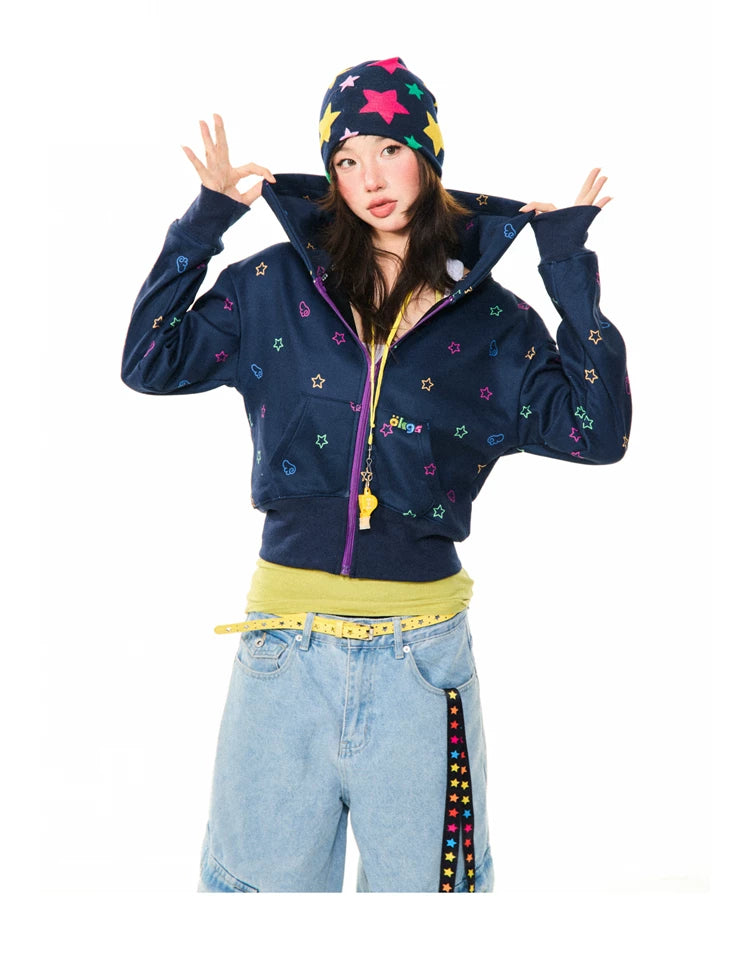Star Print Fleece Zipper Hoodie