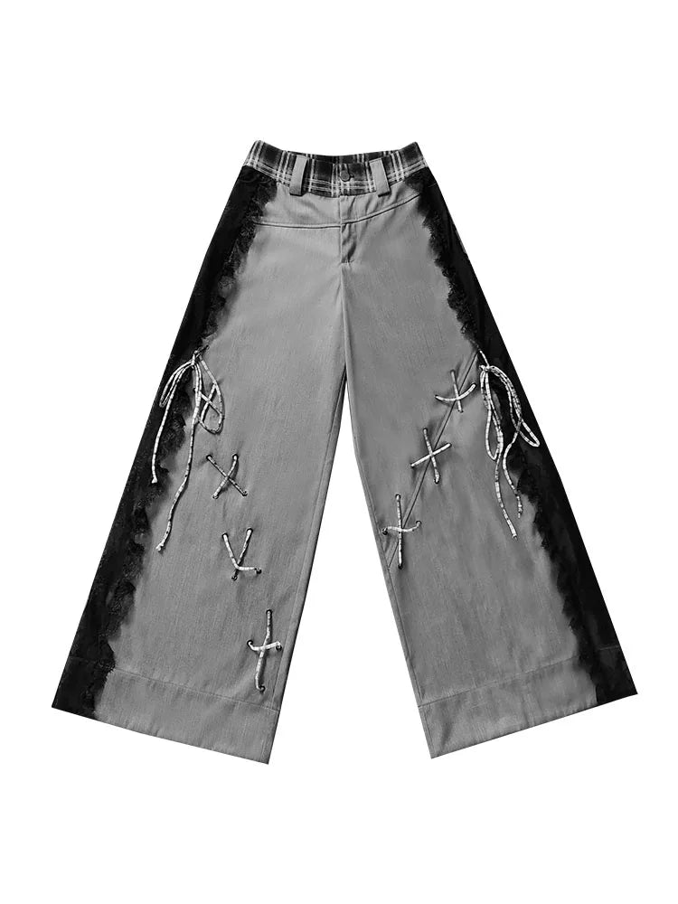 Design Lace Patchwork Tie Detail Drapey Trousers