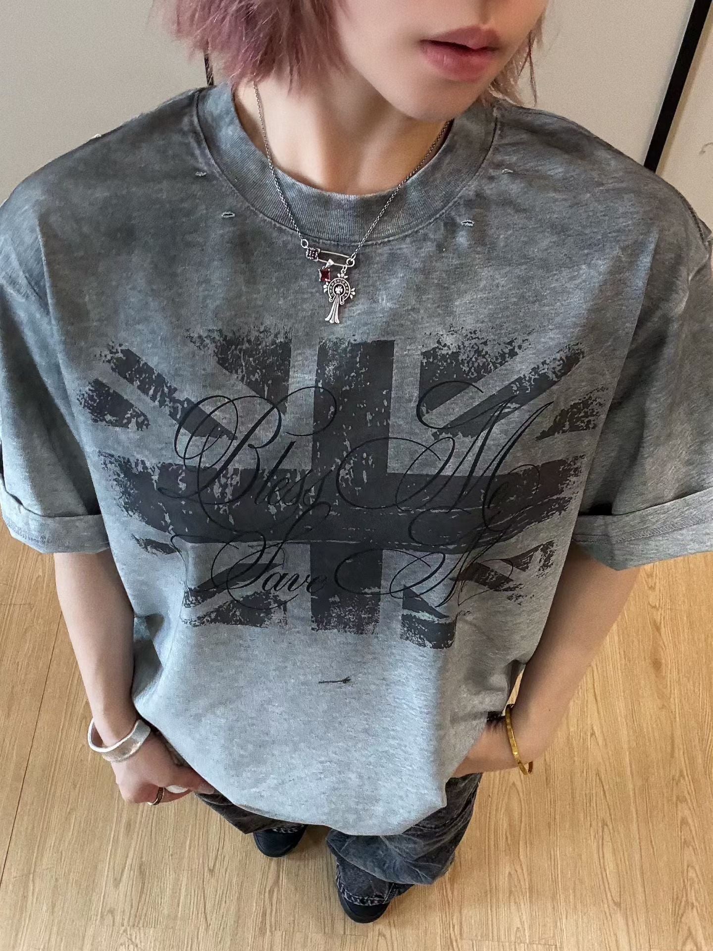 Damage Letter Print Short Sleeve T-Shirt