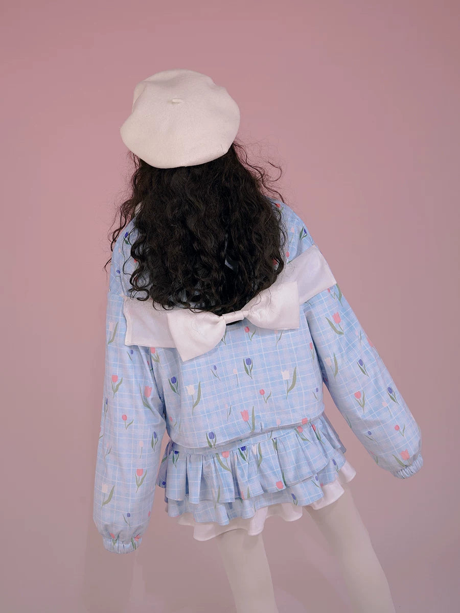 Flower Print Bow Fleece Lining Puffer Jacket