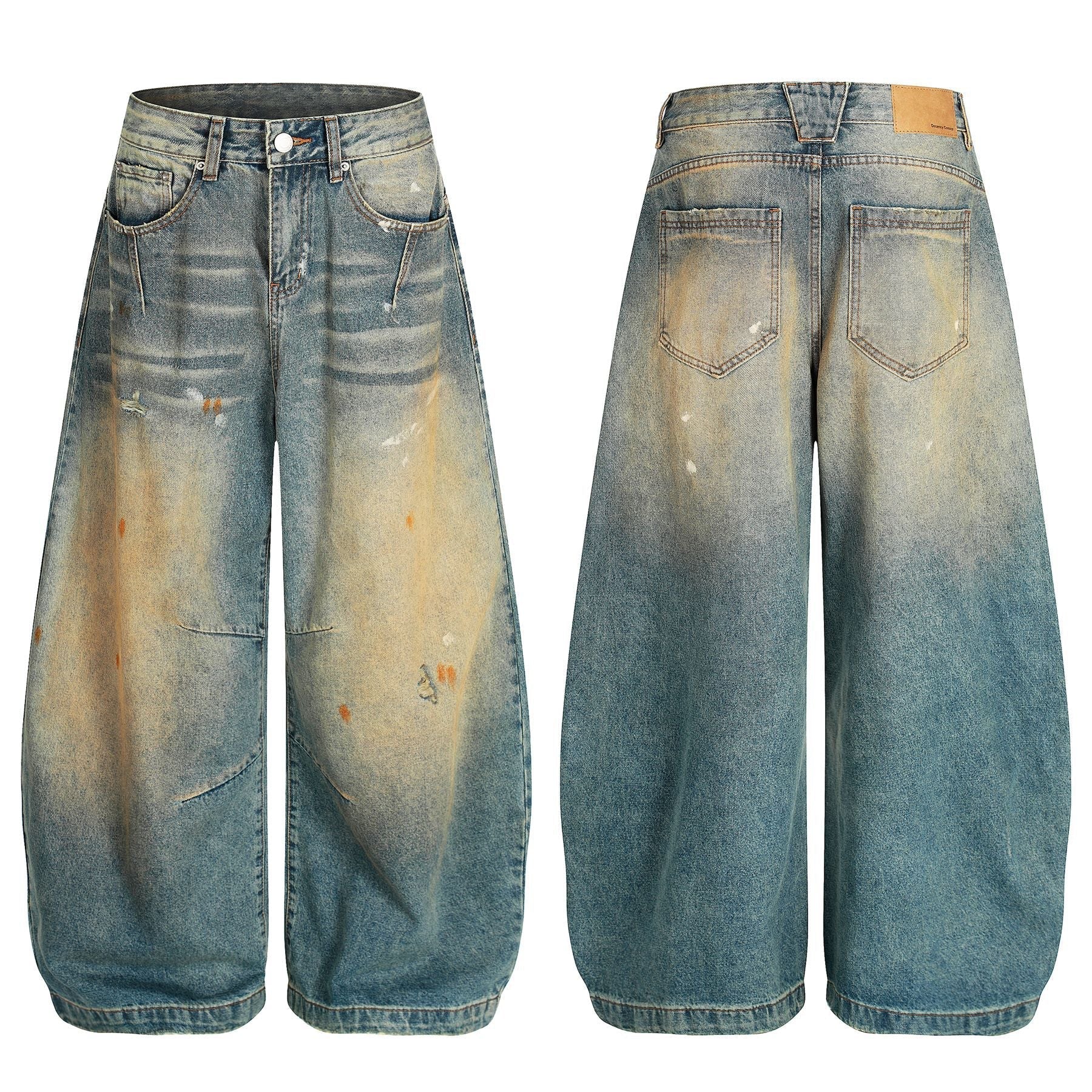 Dirty Washed Curved Wide Leg Denim Jeans