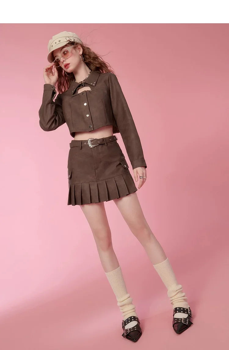 PU Leather Short Jacket & Short Pleats Skirt Setup