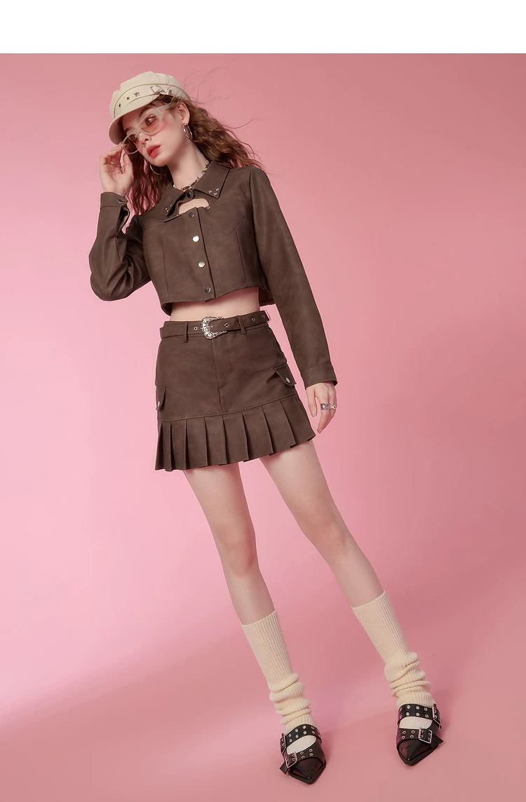 PU Leather Short Jacket & Short Pleats Skirt Setup