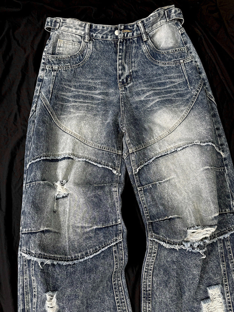 Washed Damage Splice Wide Leg Denim Jeans