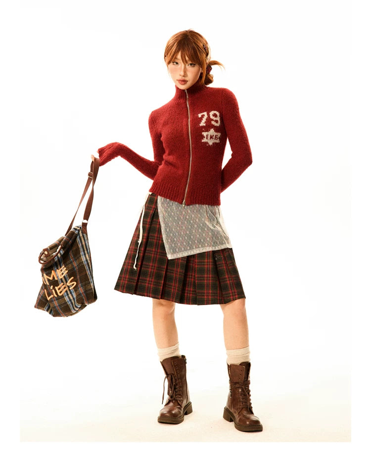 Number Patch Knit Zipper Stand Neck Cardigan