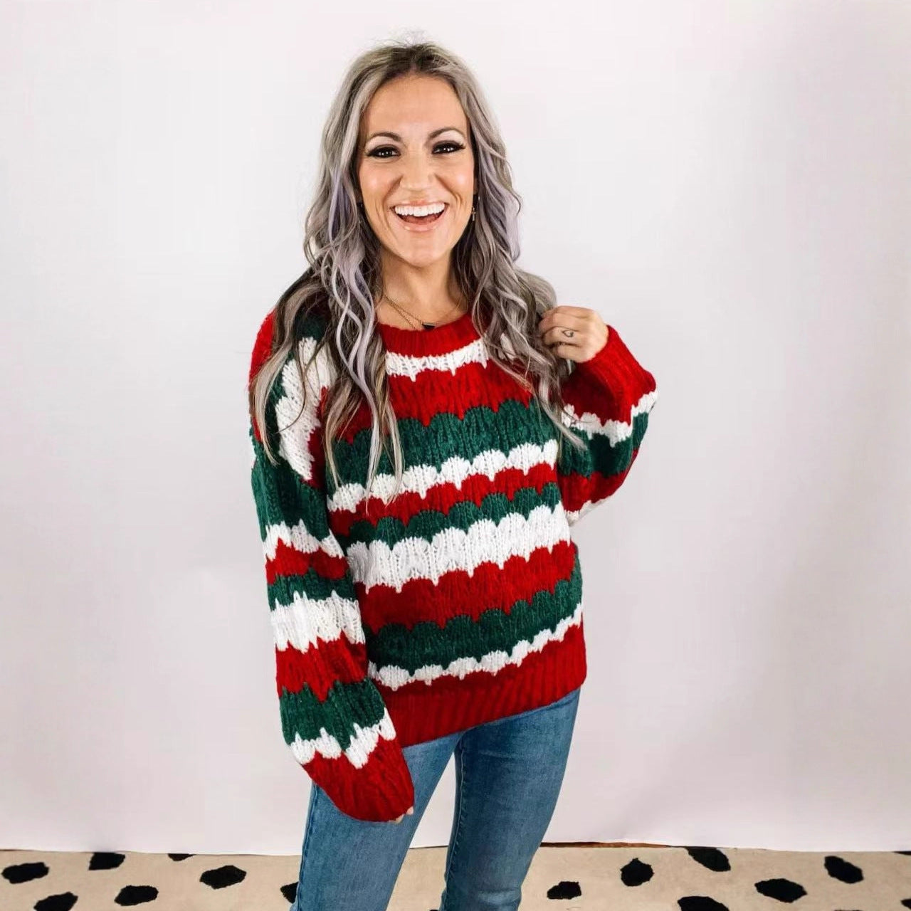 Christmas Crew Neck Striped Color-Blocked Sweater