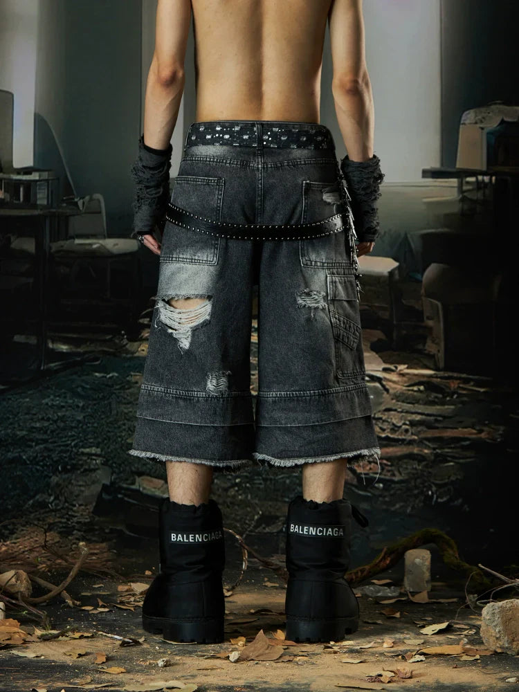 Double Waistband Ripped Washed Wide Leg Short