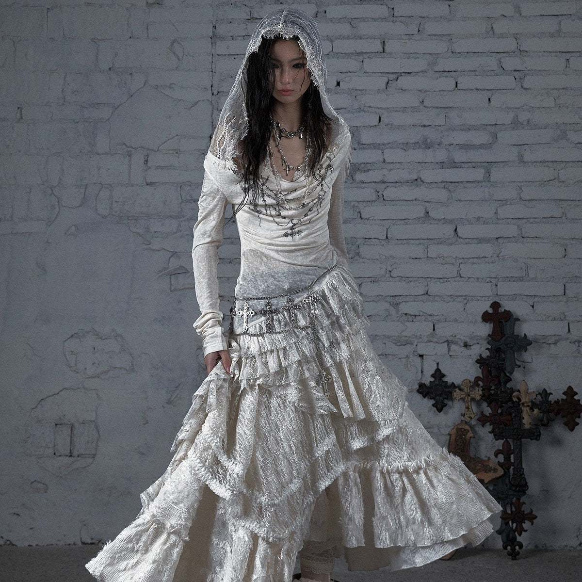 Lace Hooded Asymmetric Ruffle Dress