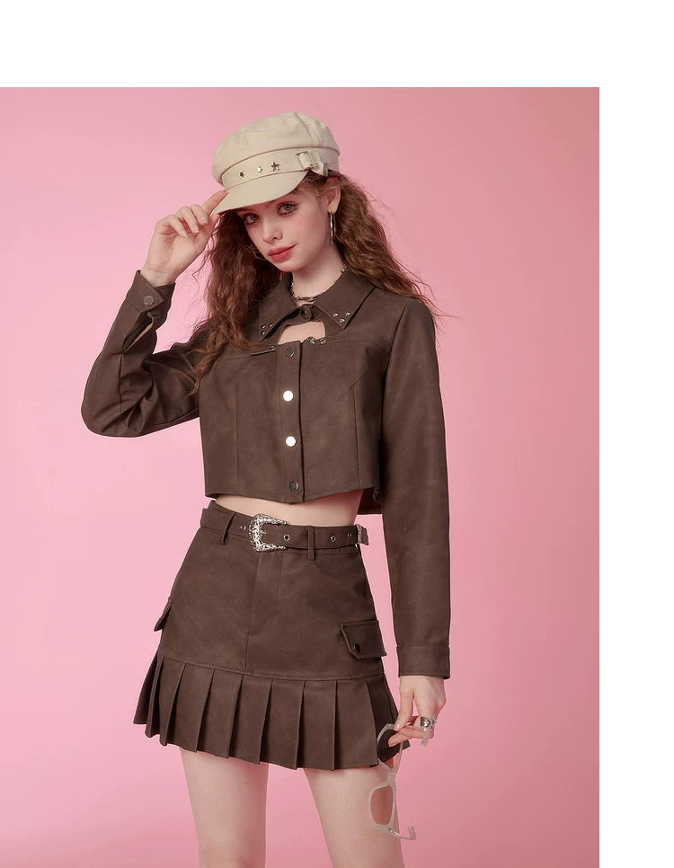 PU Leather Short Jacket & Short Pleats Skirt Setup