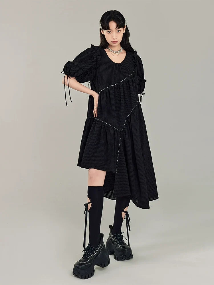 Jacquard Design Short Sleeve Dress With Irregular Hem Length
