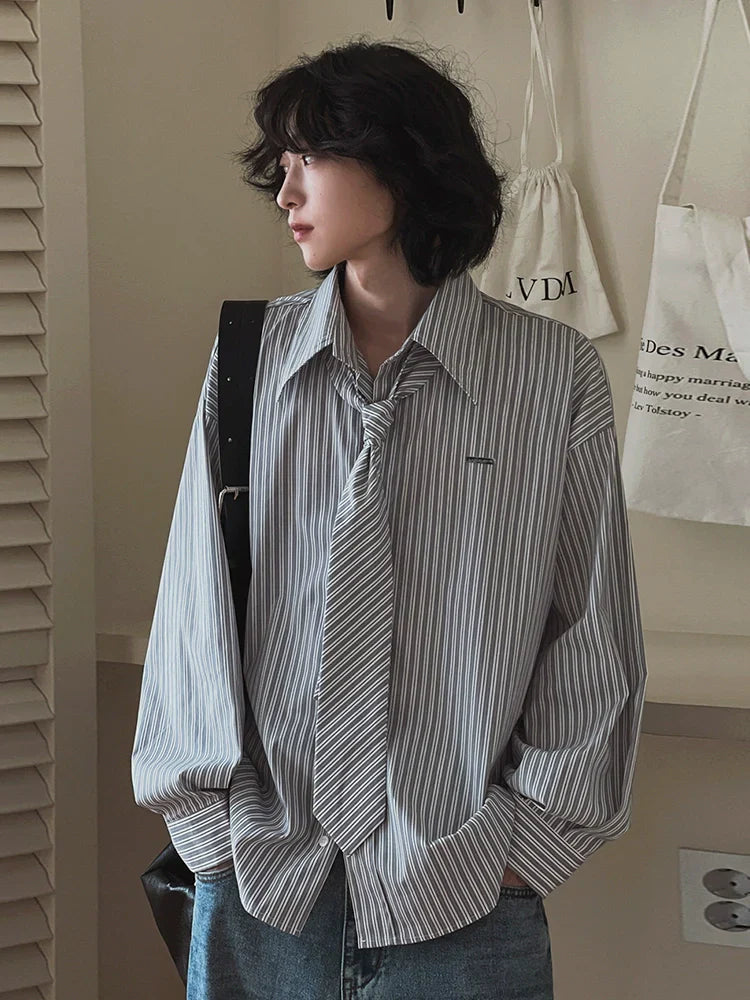 With Tie Striped Oversize Long Sleeve Shirt