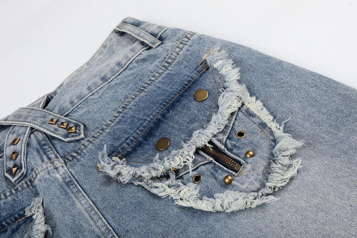 Fringe Studs Wide Leg Denim Jeans
