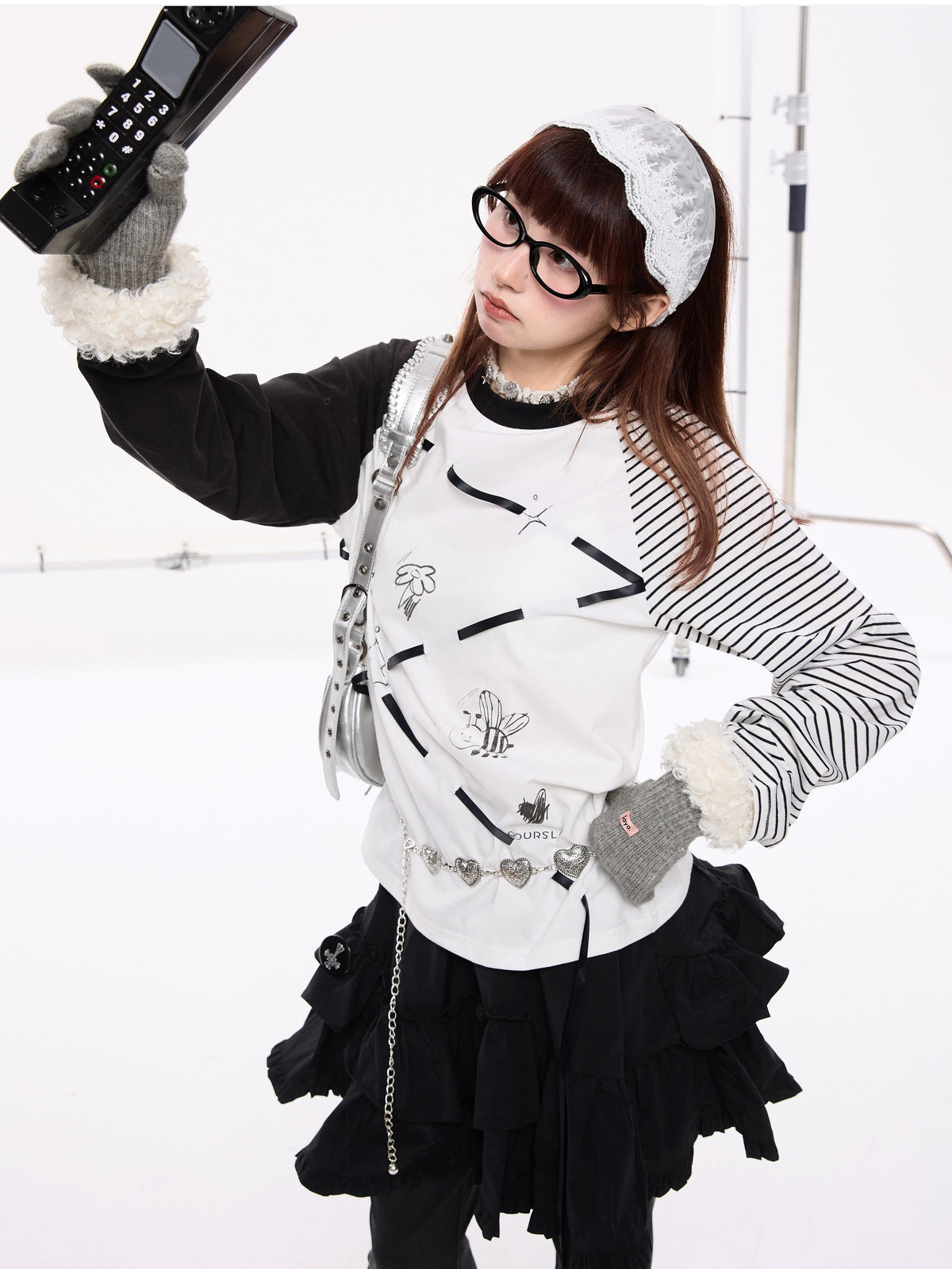 Lace-Up Stripe Patchwork Contrast Raglan Sleeve Long Sleeve T-Shirt