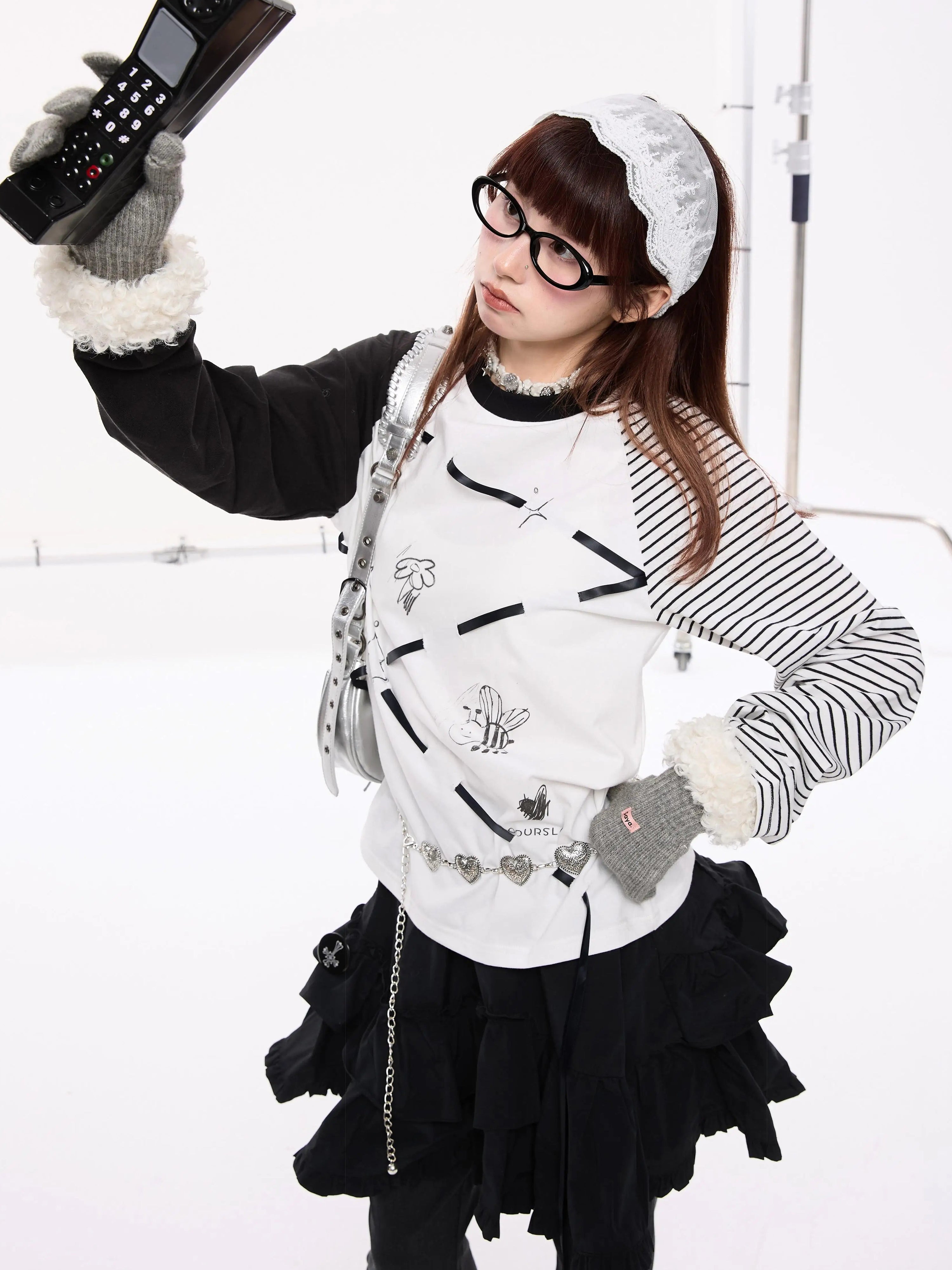 Lace-Up Stripe Patchwork Contrast Raglan Sleeve Long Sleeve T-Shirt
