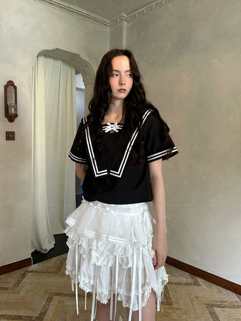 Bow Double-Layer Patchwork Half Skirt