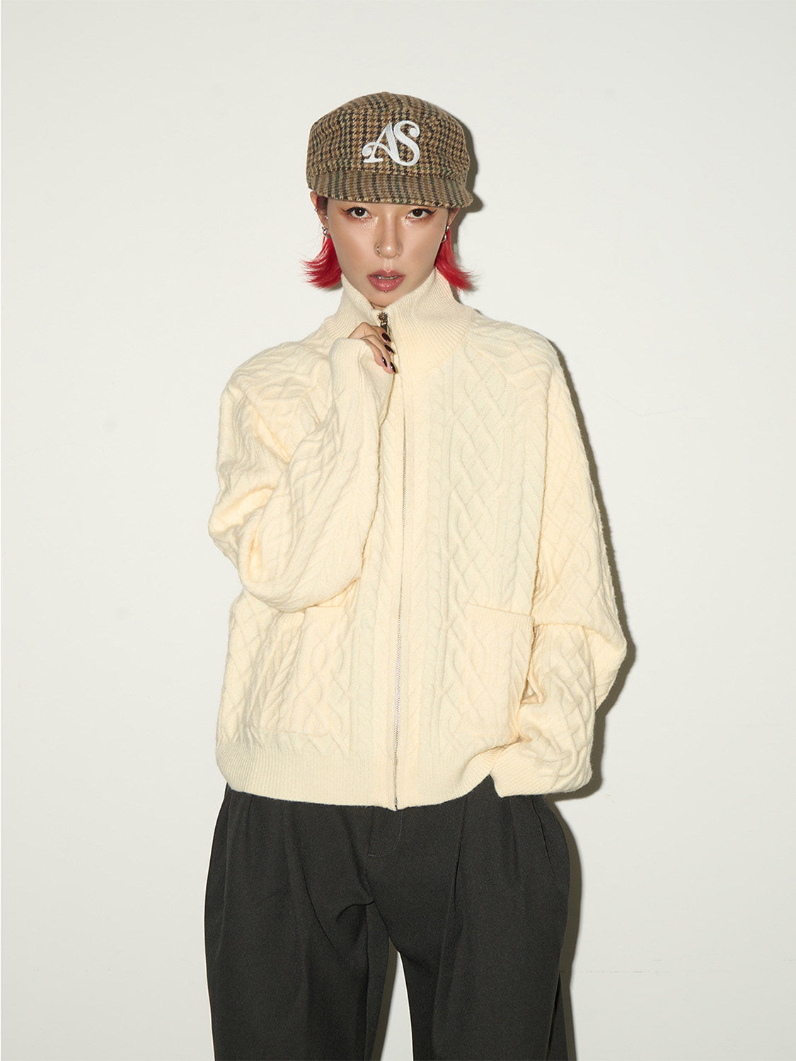 Cable Knit Stand Neck Zipper Knit Cardigan