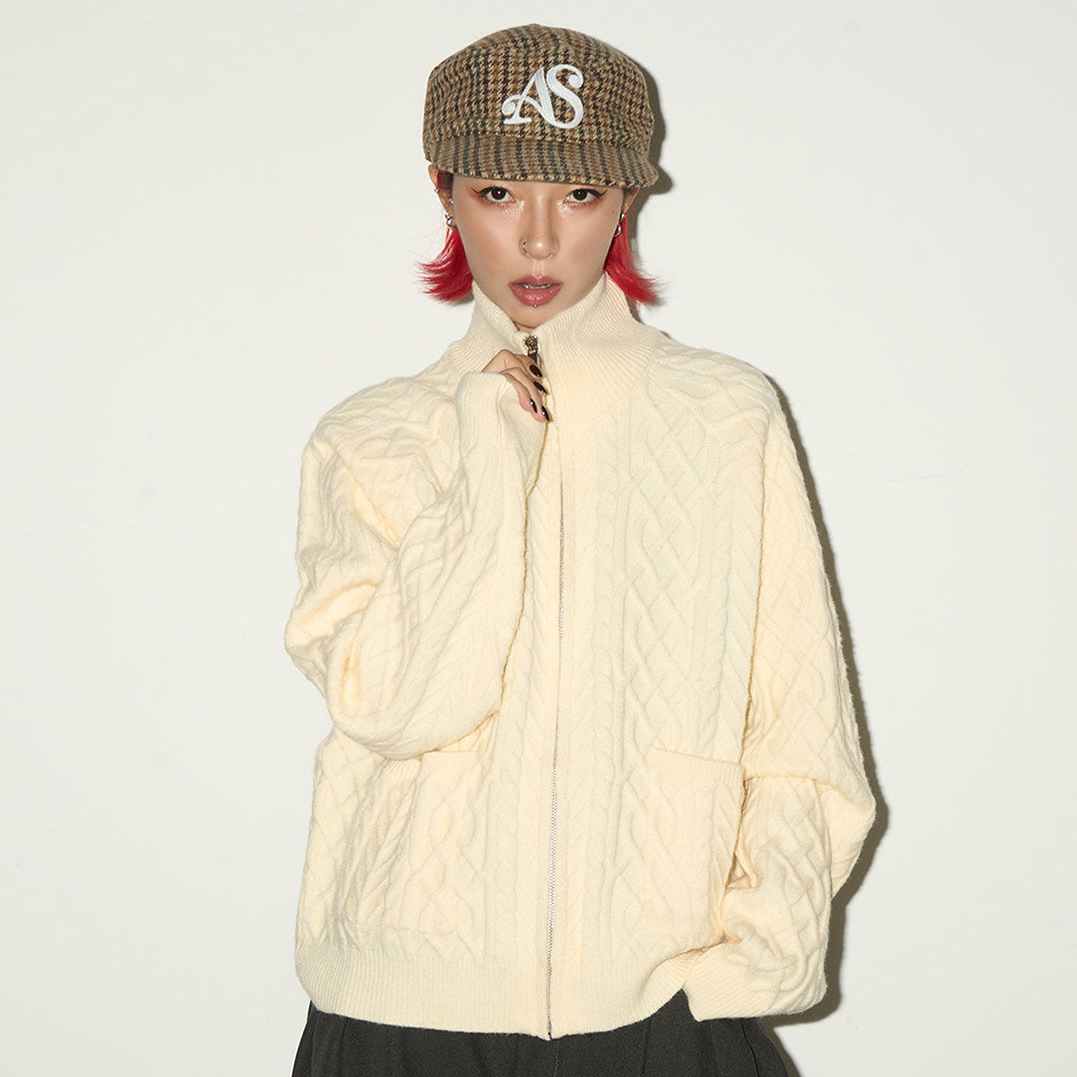 Cable Knit Stand Neck Zipper Knit Cardigan