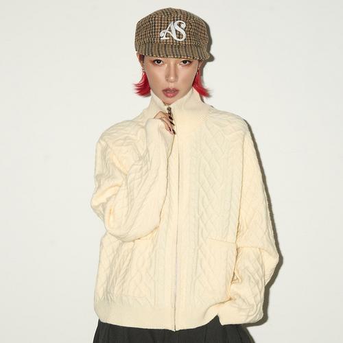 Cable Knit Stand Neck Zipper Knit Cardigan - Beige / M