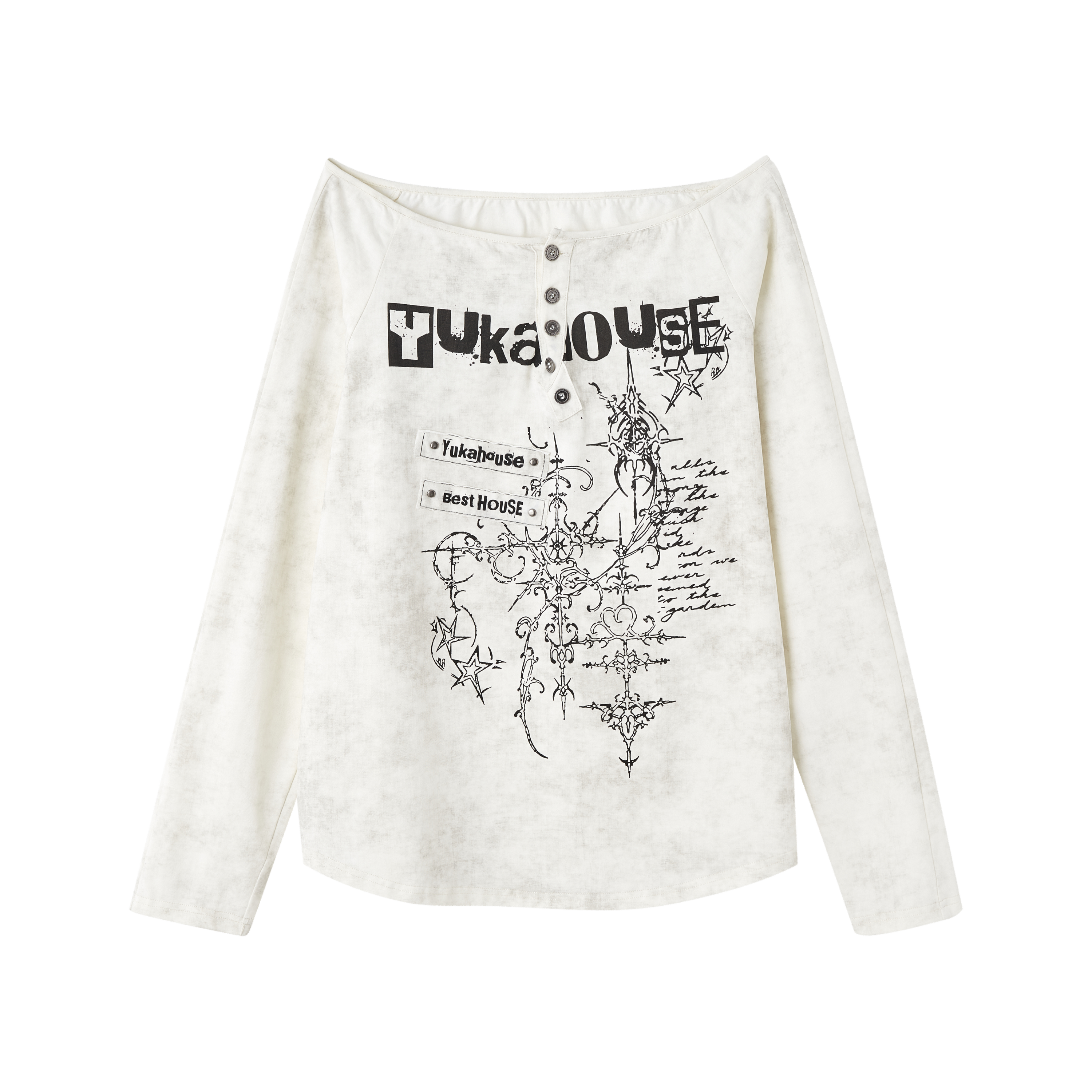 Off-Shoulder Graphic Print Button Long Sleeve T-Shirt
