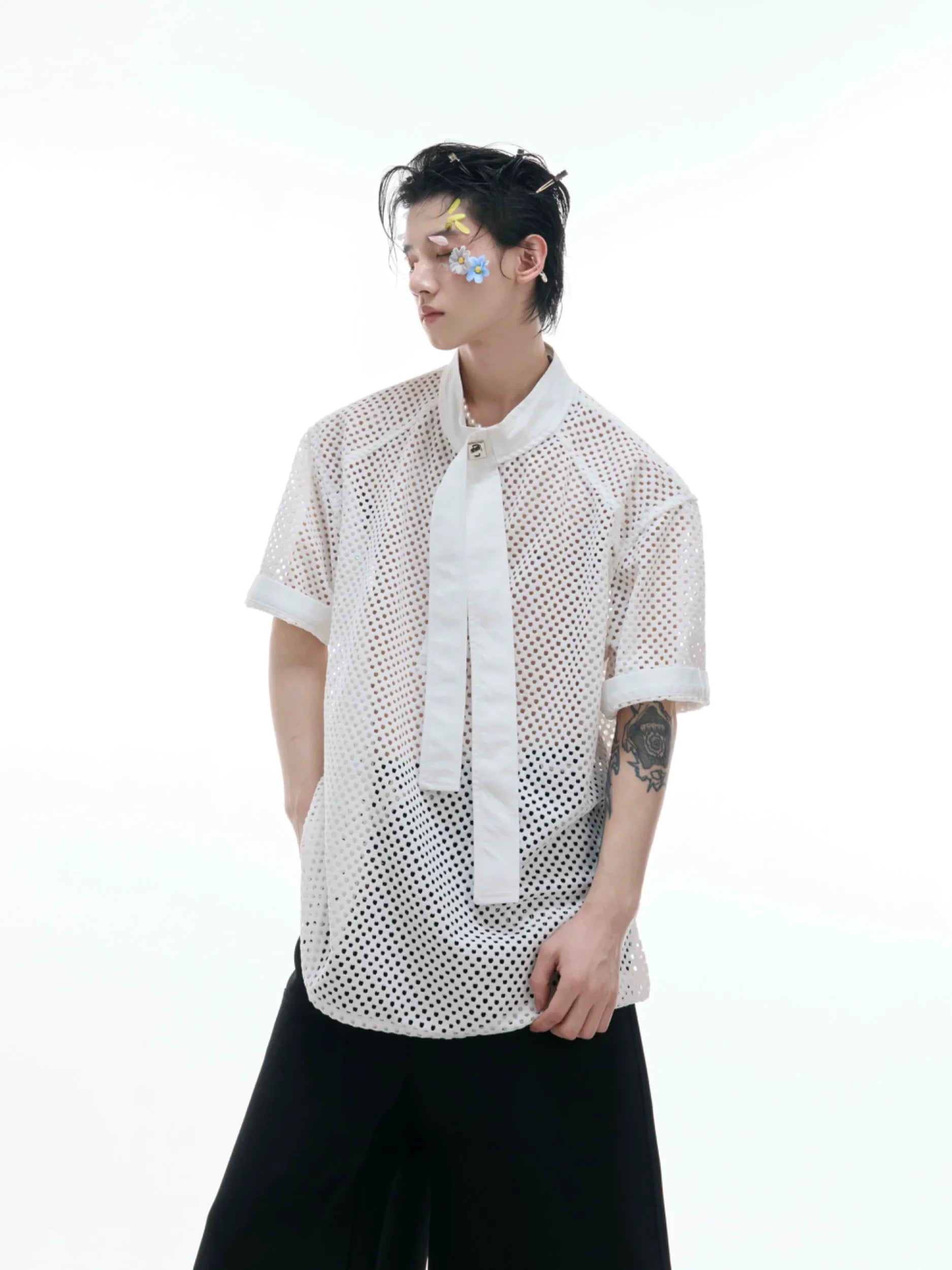 Knit Mesh Necktie Patchwork Short Sleeve Shirt