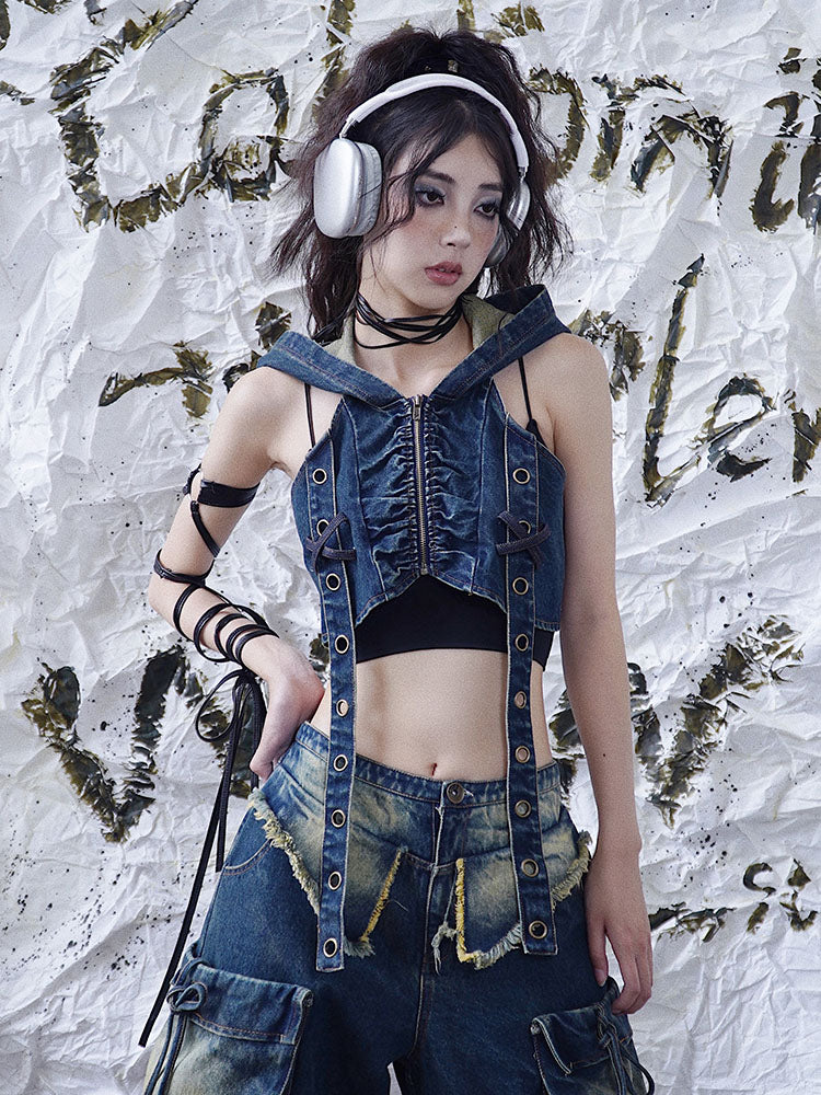 Denim Hooded Punk Zipper Vest