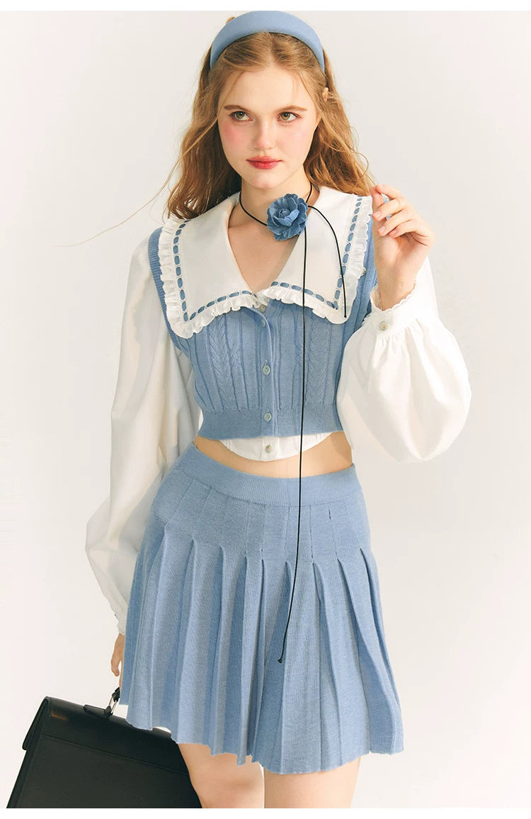 Button Knit Vest & Knit Pleated Skirt Setup