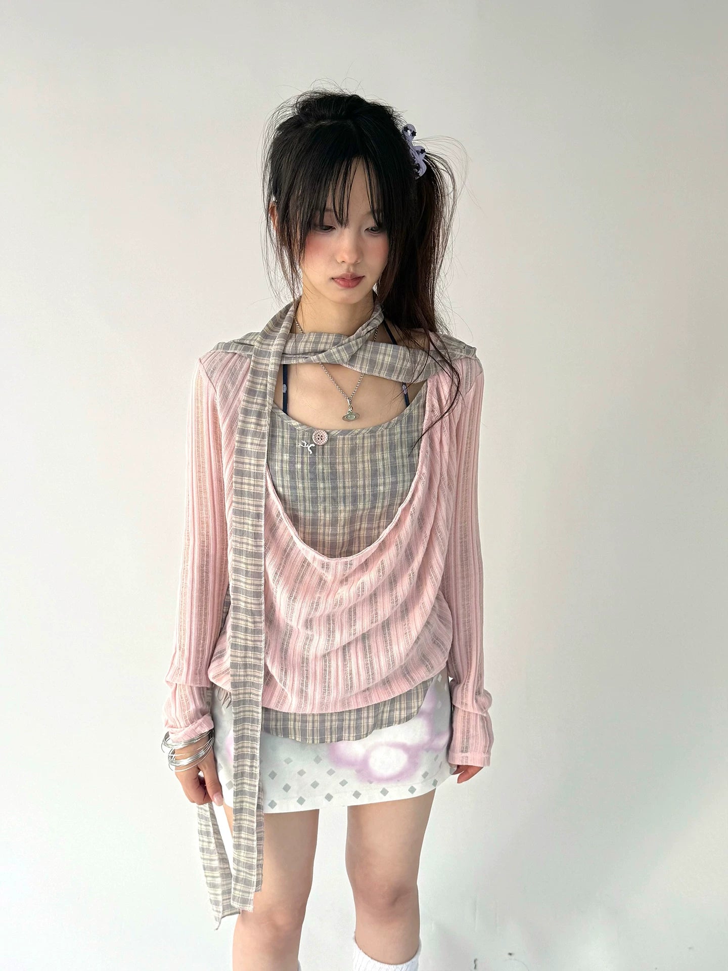 Plaid Ripped Fake Layered Long Sleeve T-Shirt