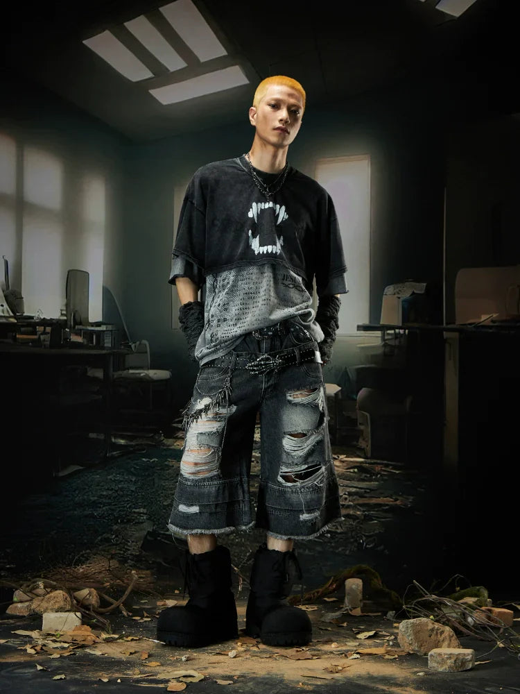 Double Waistband Ripped Washed Wide Leg Short