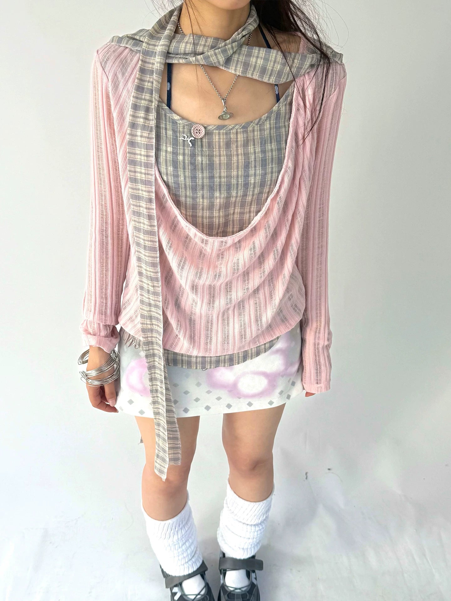 Plaid Ripped Fake Layered Long Sleeve T-Shirt