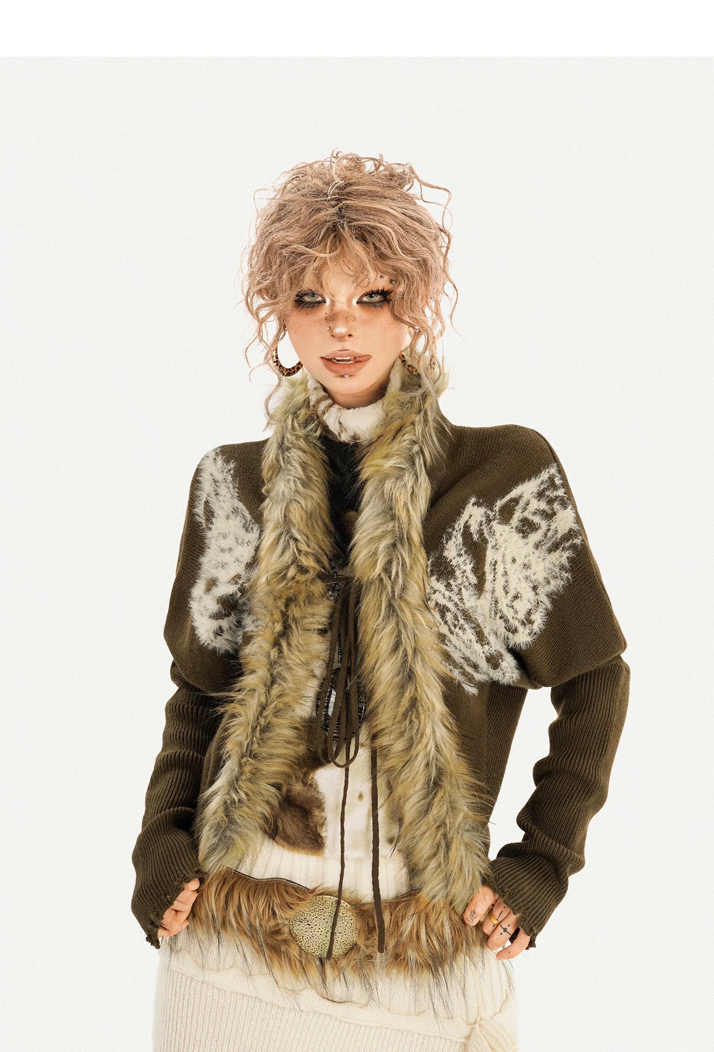 Original Design Batwing Sleeve Fake Fur Collar Knit Cardigan