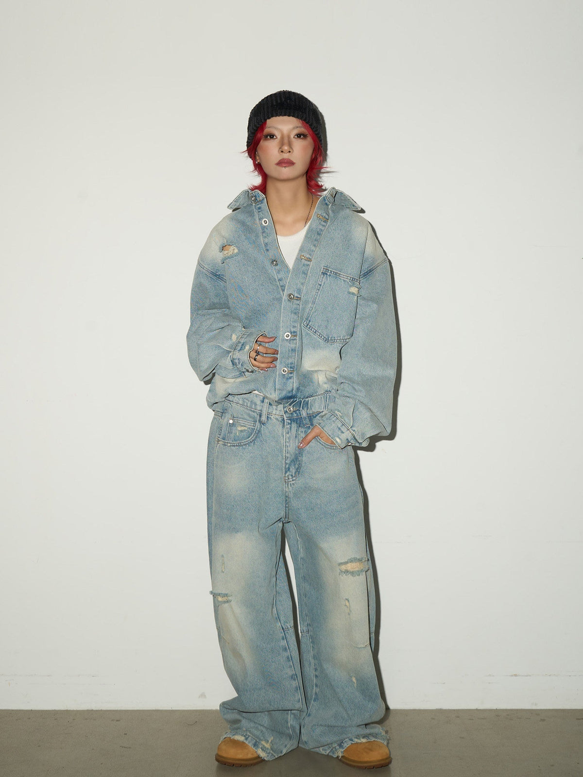 Ripped Damage Denim Jacket &wide Leg Denim Jeans Setup