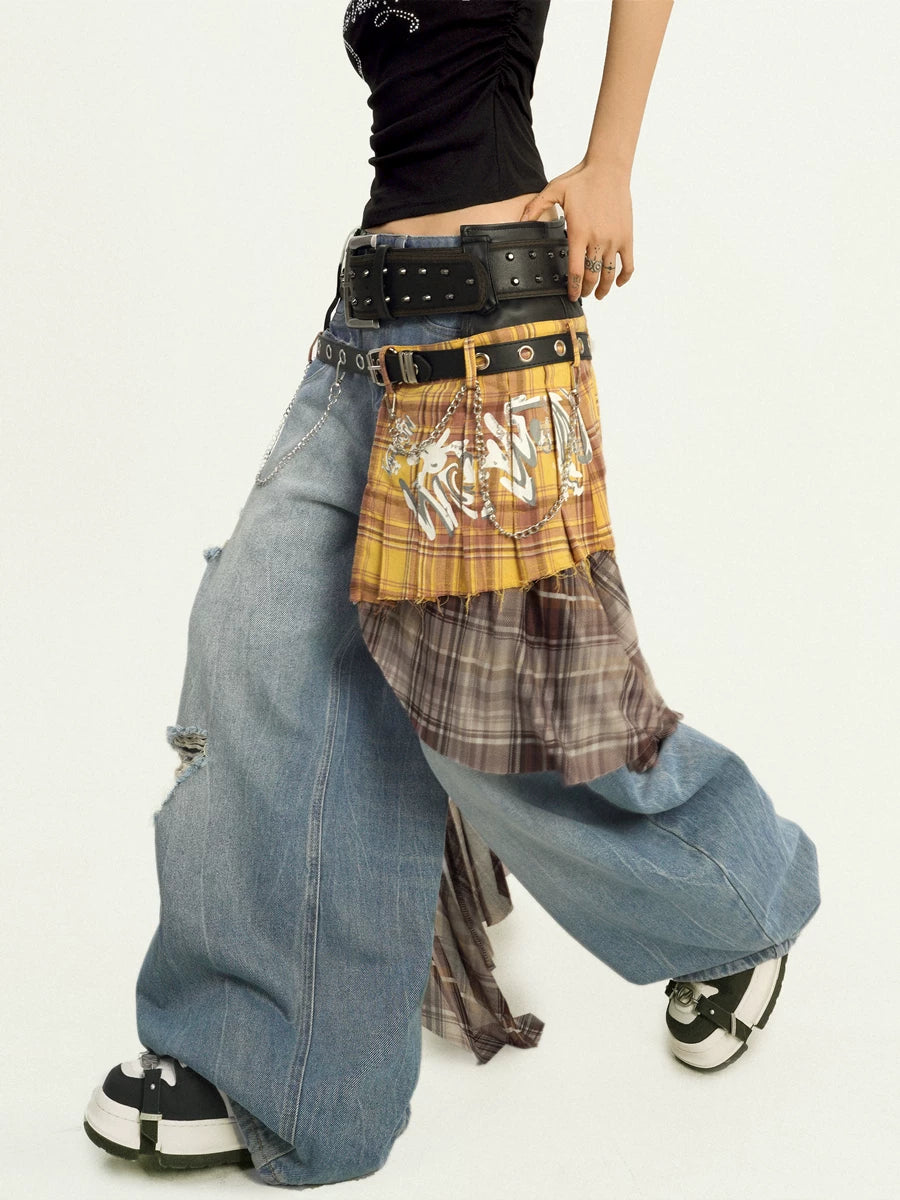 Damage Embroidery Wash Wide Leg Denim Jeans