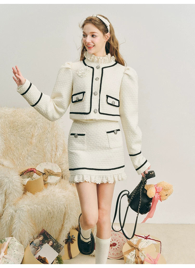 Bubble Sleeve Button Up Jacket & Lace Short Skirt Setup