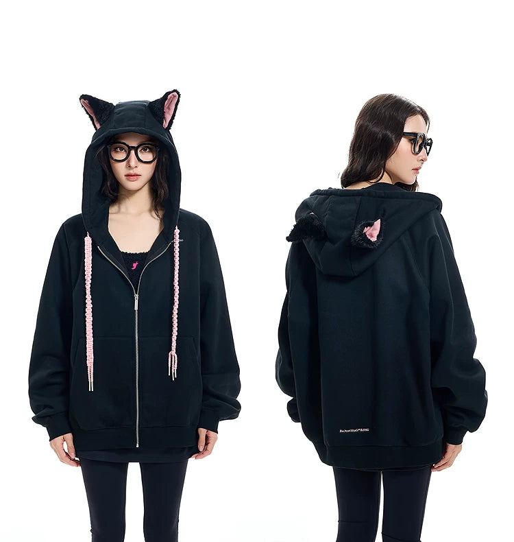 Ear Fleece Oversize Zipper Hoodie