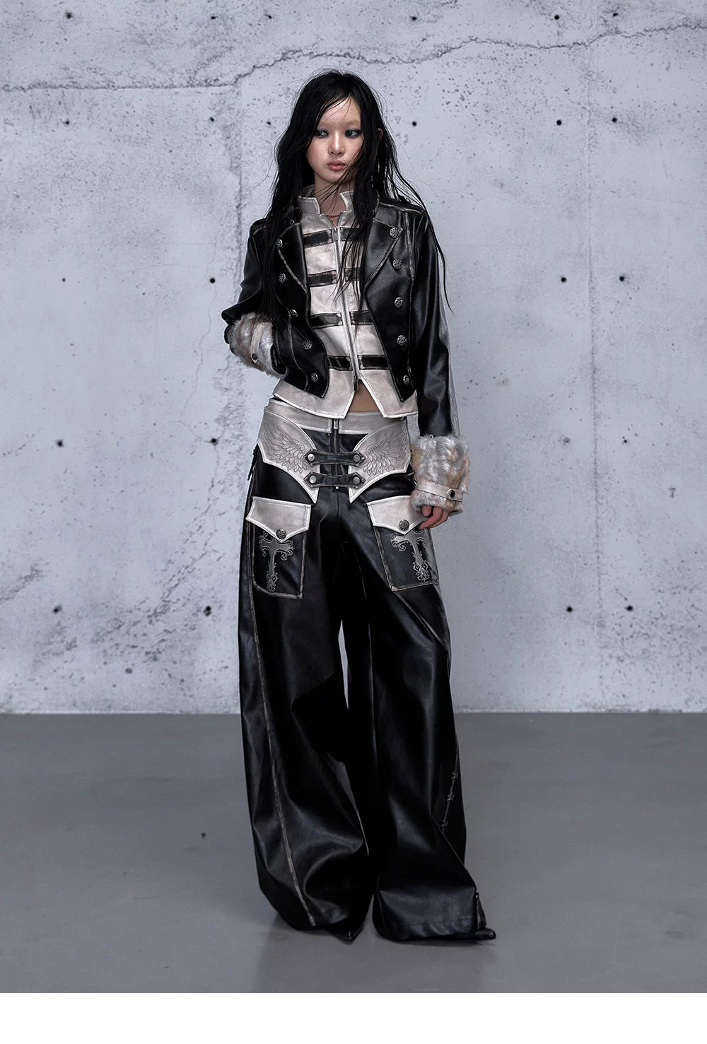 Standing-Collar Belt Detail Fake Fur Cuff PU Leather Jacket