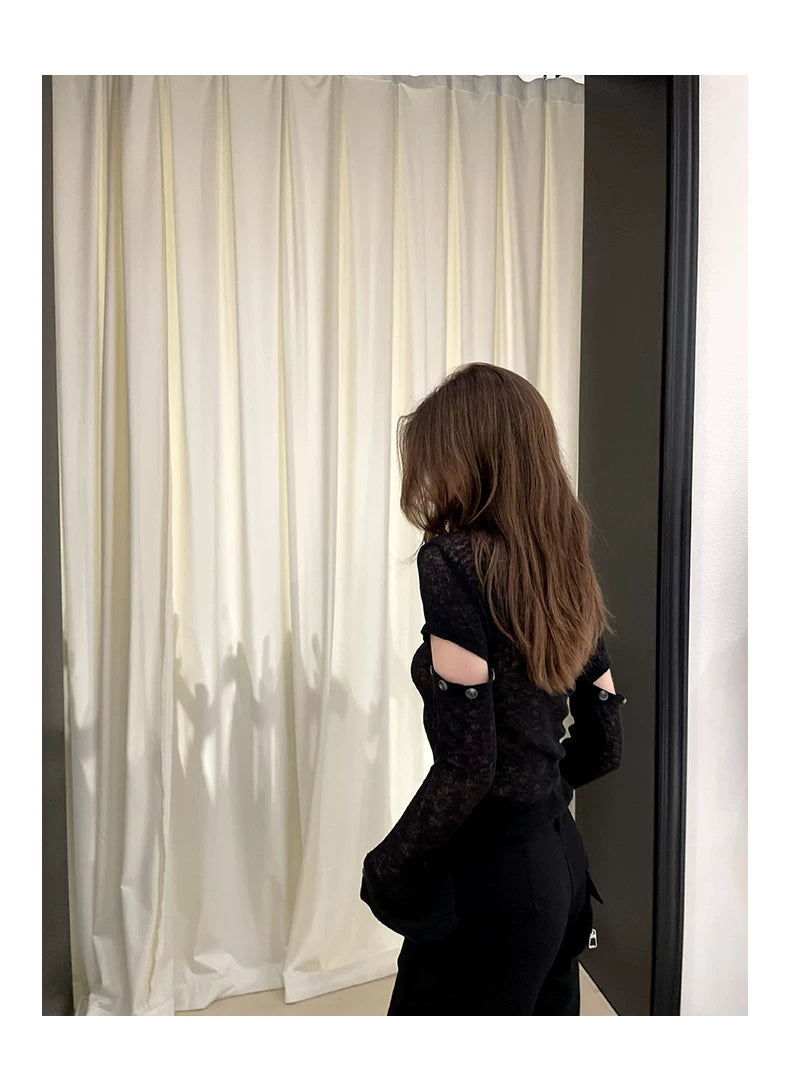 Sheer Detachable Sleeve Polo Knit Cardigan