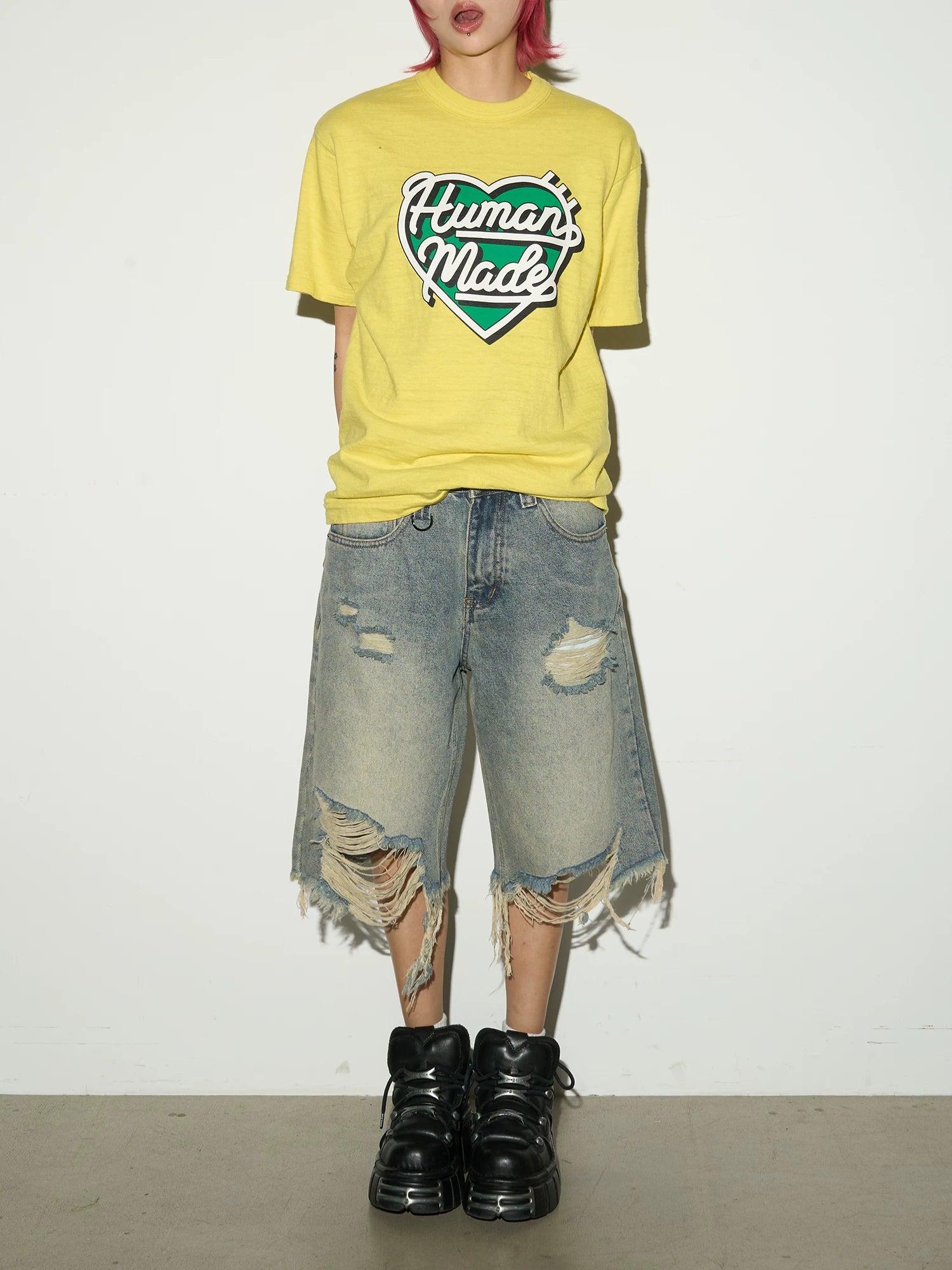 Damage Washed Frayed Hem Half Denim Jeans