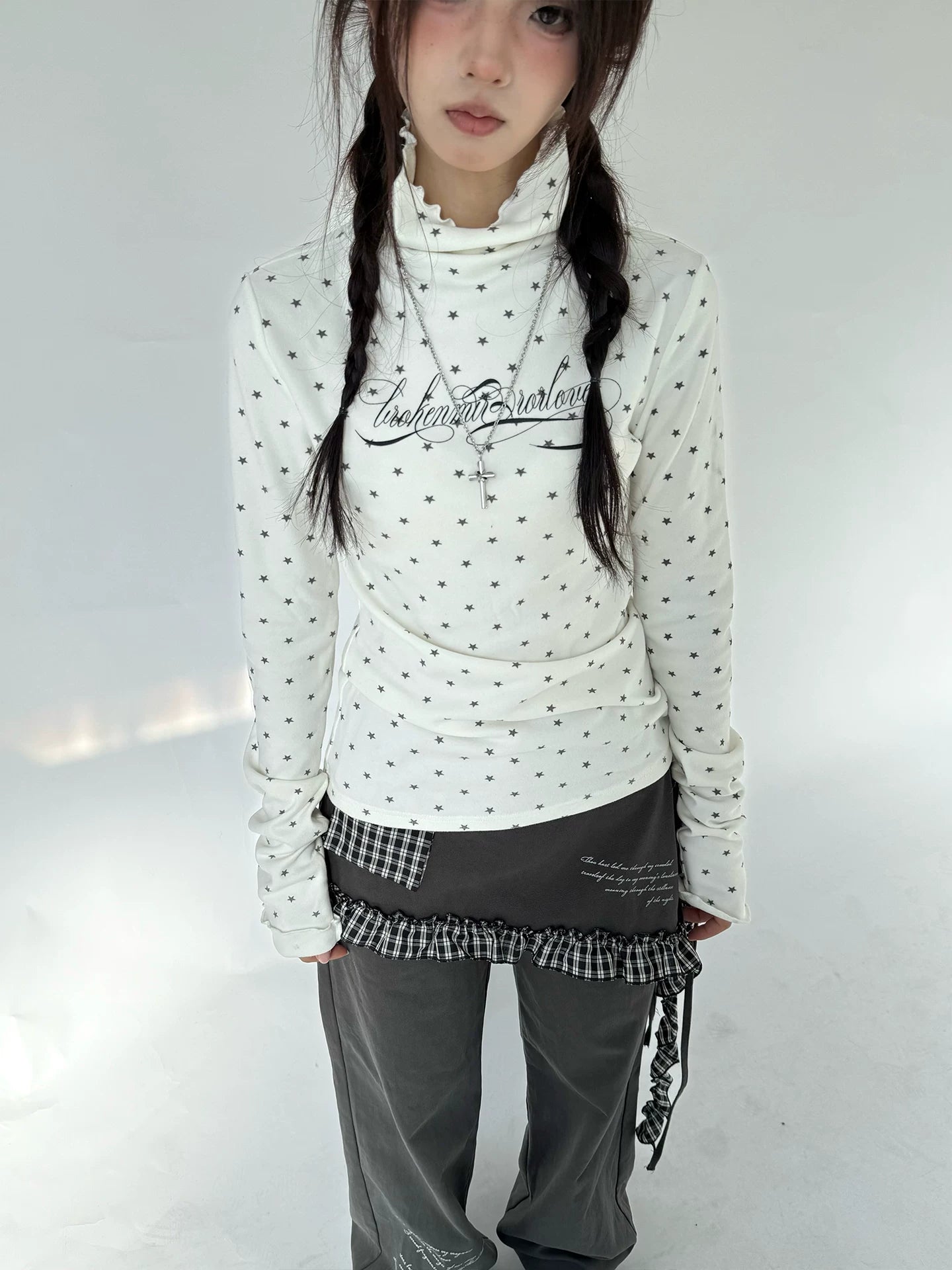 Polka Dot Print High-Neck Long Sleeve T-Shirt