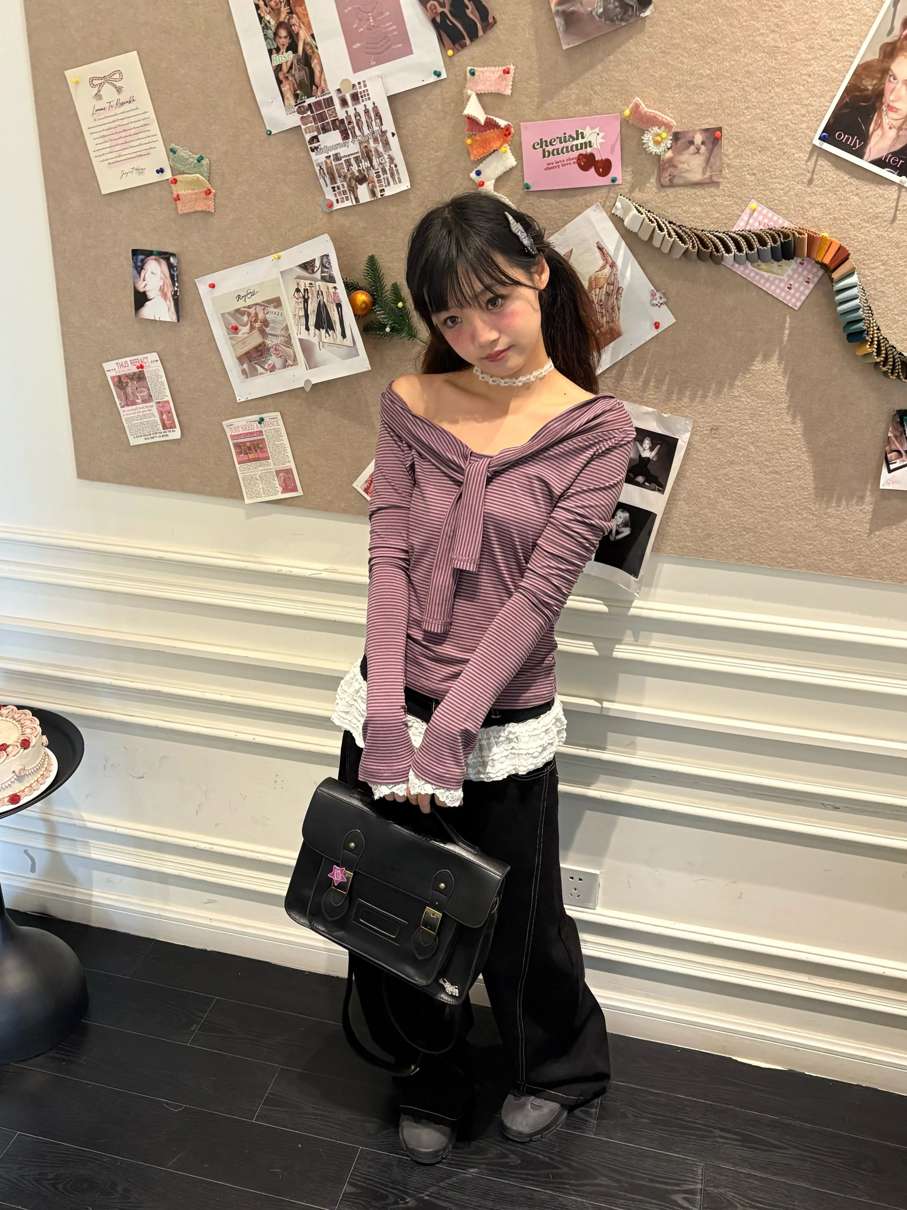 Striped Lace Trim Tie Detail Long Sleeve T-Shirt