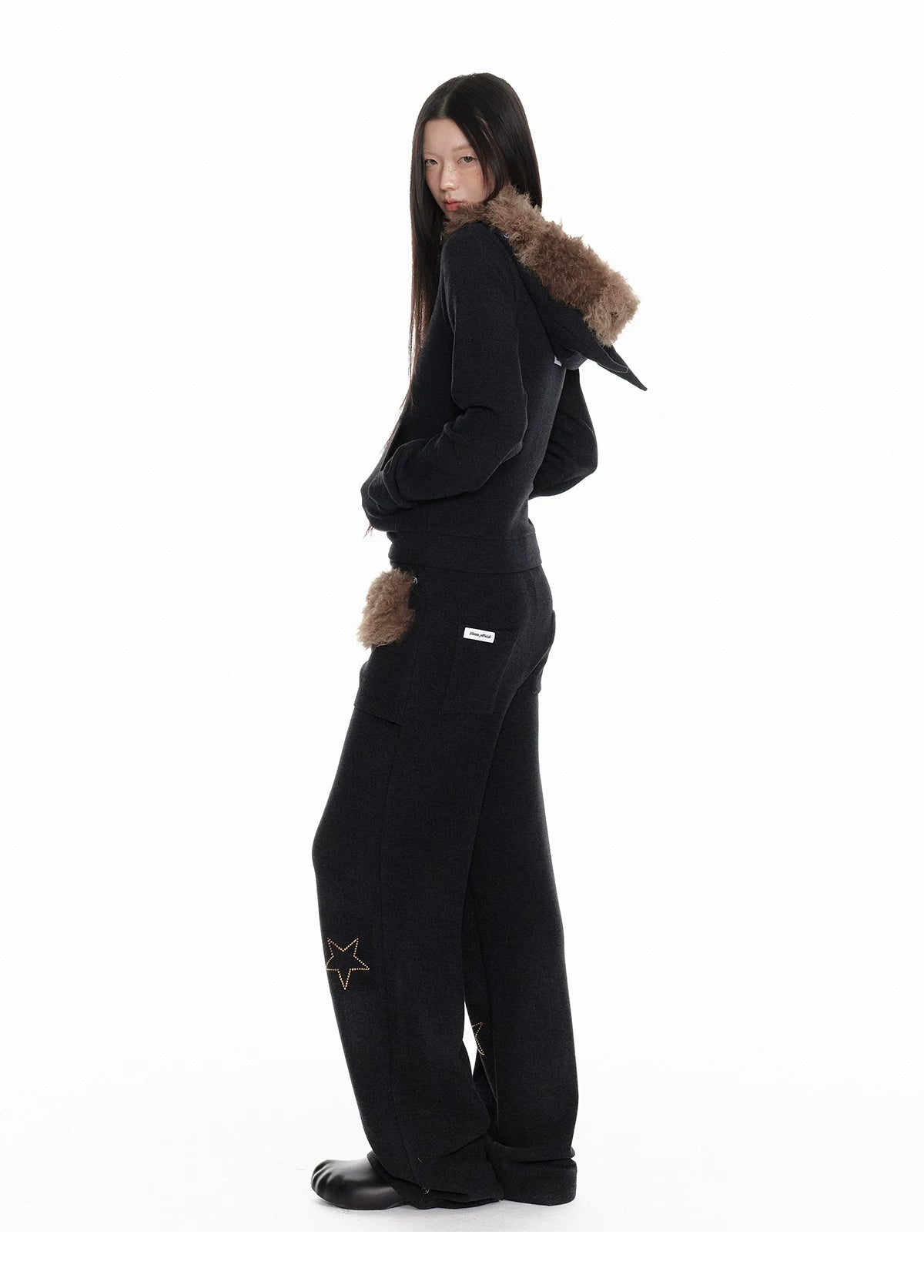 Horn Fur Collar Fuzzy Zipper Hoodie & Wide-Leg Pants Setup